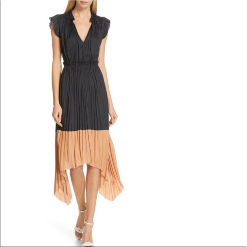Ulla Johnson Black and Peach Pleated Midi Dress